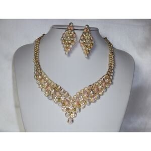 Tri color gold rhinestone necklace set, MOB wedding prom party evening necklace